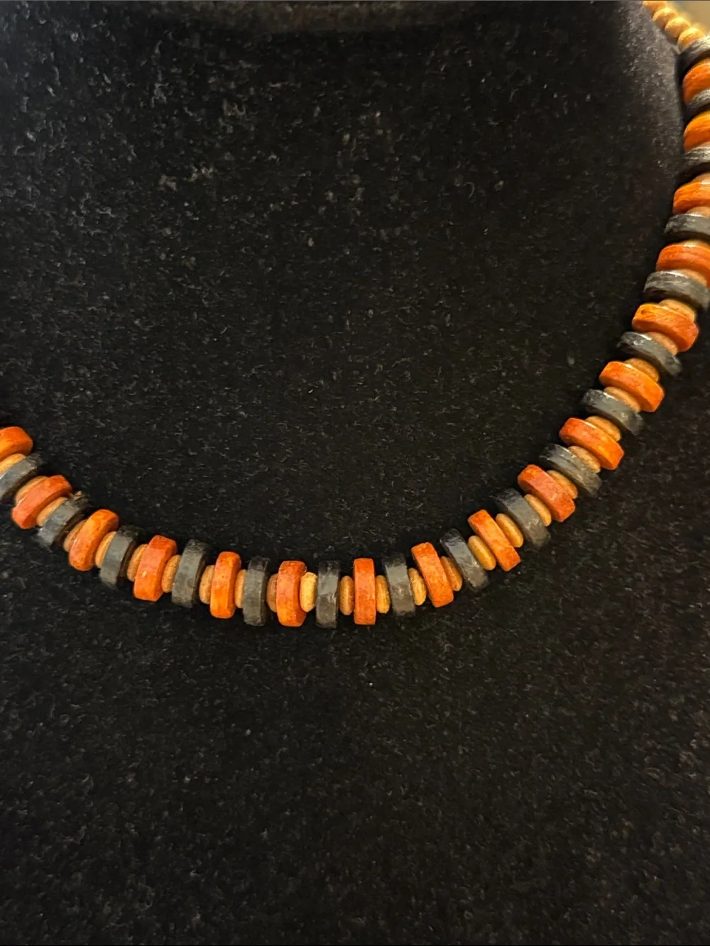 Vintage Boho Brown Black Wooden Beaded Choker Collar Statement Necklace
